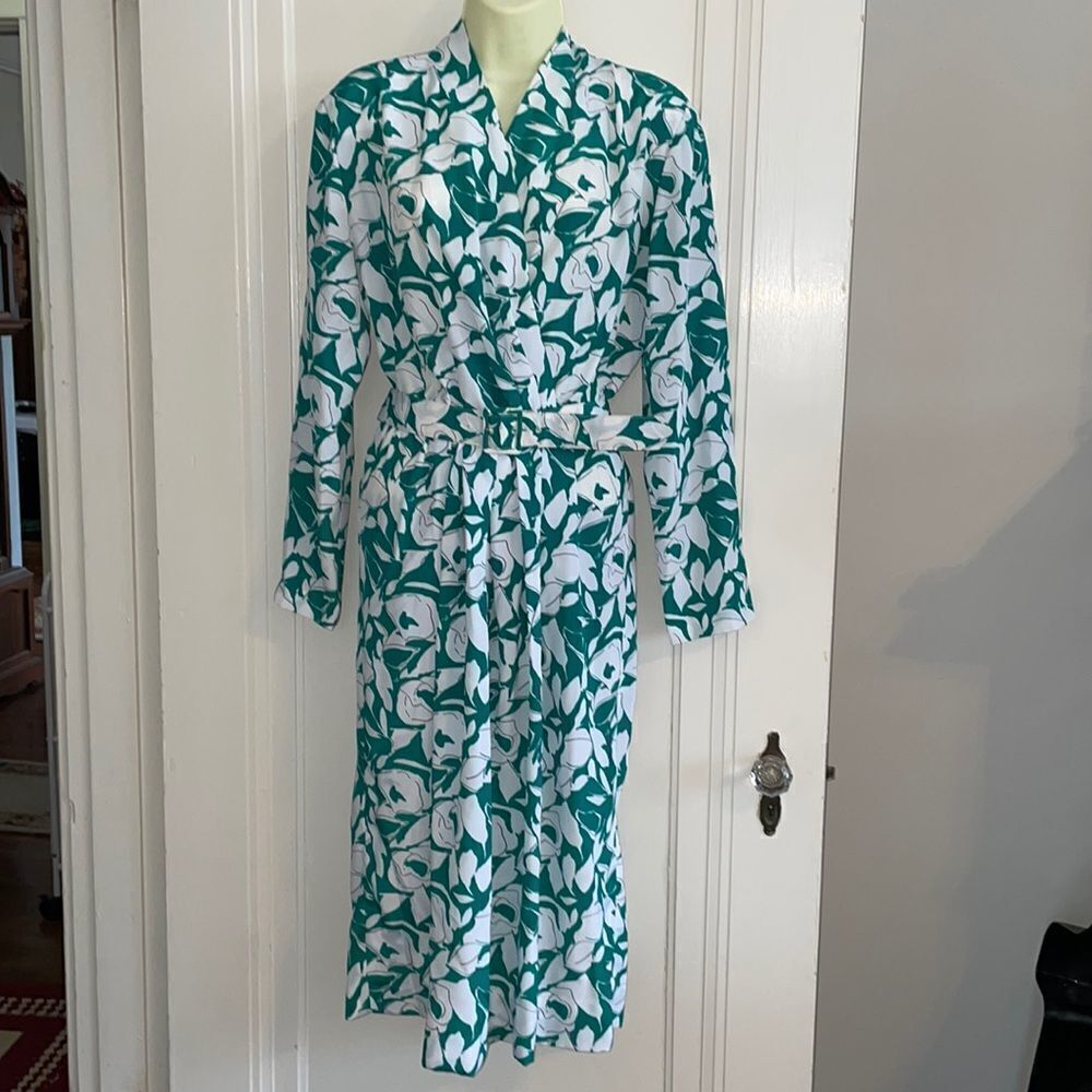 Vtg 70s Henry Lee Petites green & white polyester dress
